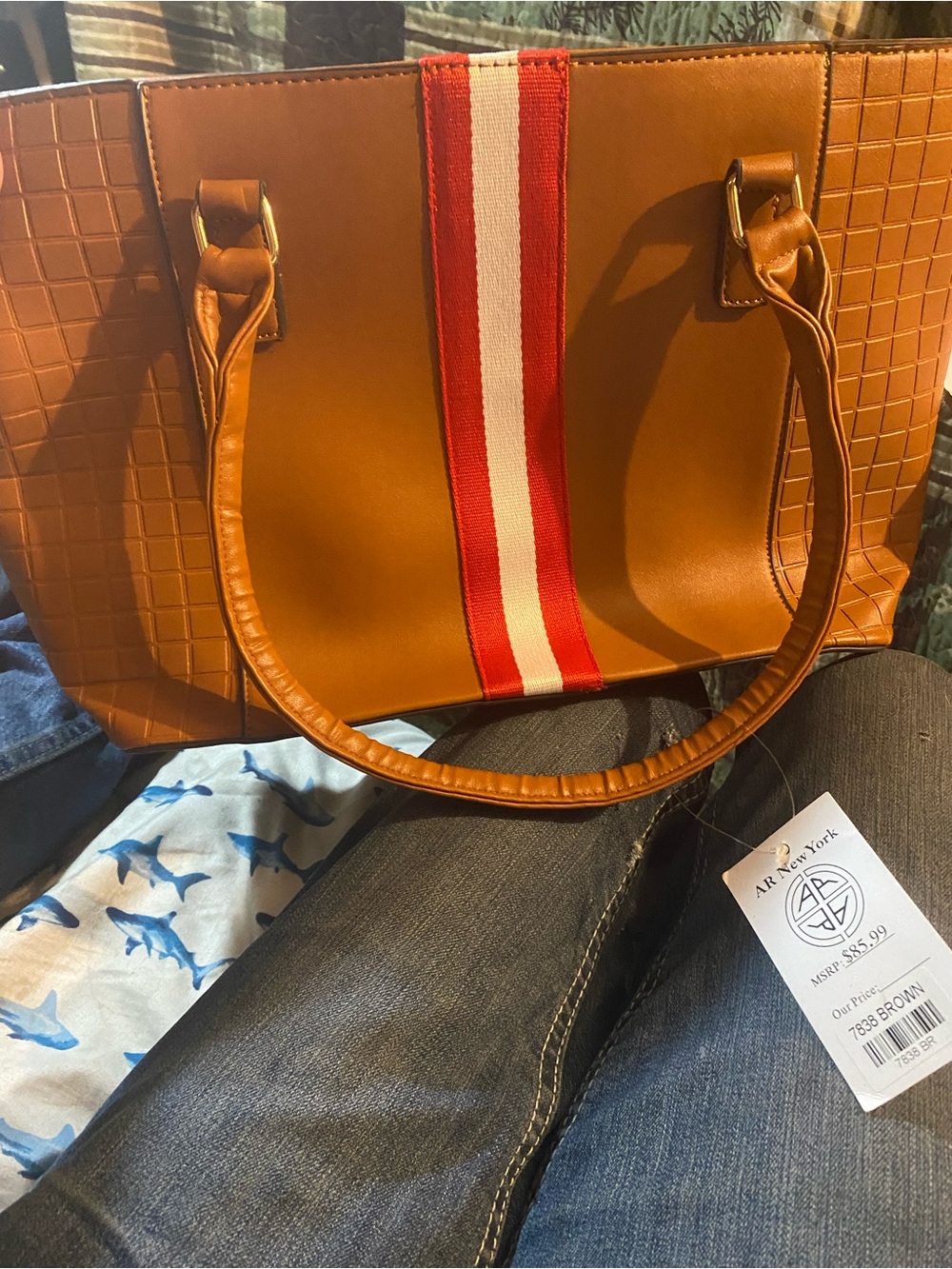 Tommy Hilfiger Brown Tote with Red and White Center Stripe